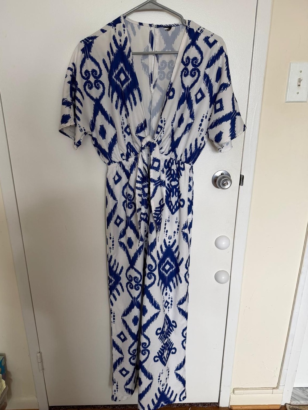 White and Navy Printed Tie-Waist Maxi Dress